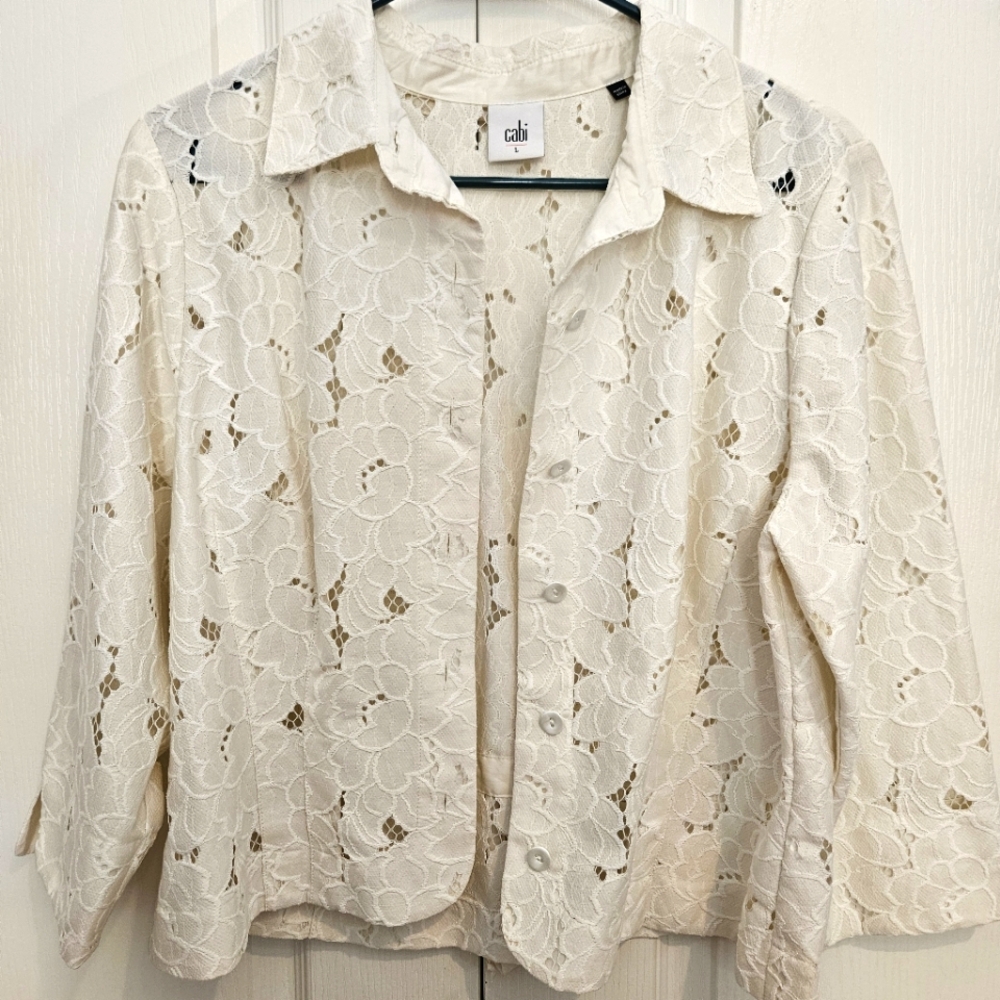 Cabi Large Lace Mesh Ivory Portrait Jacket